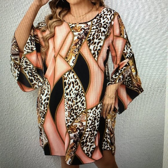 Leopard & Peach Top or Dress 38 Long NWT Large  Car1 - Picture 2 of 6